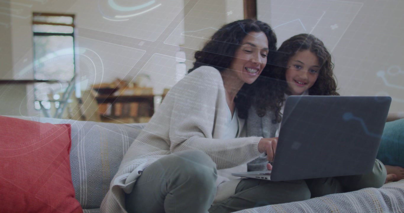 Mother and daughter sitting on couch woman clicking laptop revealing animated badges for education