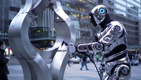 a futuristic interaction: a robot engages with a human by a gleaming sculptural instrument in an urban landscape, showcasing technology and connection