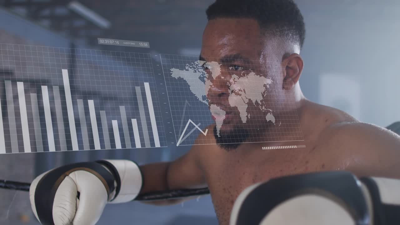 Boxer leaning on ropes, watching data feed animating line,bar charts across chest sports analytics