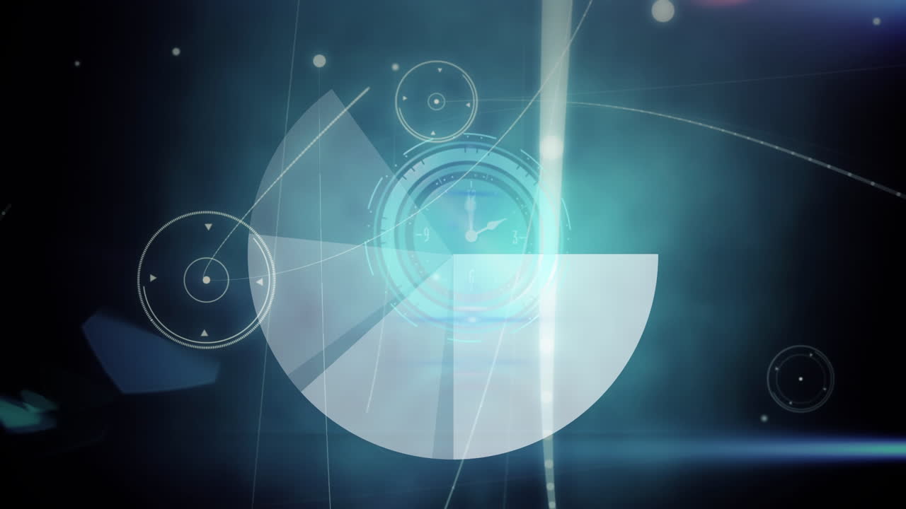 검은색 배경에 다양한 데이터와 회전하는 원을 이동하는 시계의 애니메이션