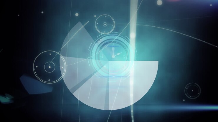 Animation of clock moving over diverse data and rotating circle on black background