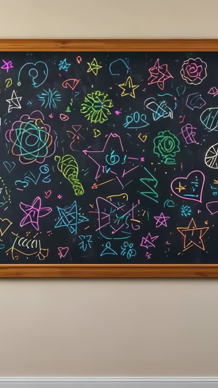 Vertical video: Starting camera capturing chalkboard displaying neon doodles on classroom wall