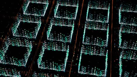 Abstract square shaped figures placed in rows on black background formed by small moving particles of green color, seamless loop. Animation. Cyber technologies and internet concept