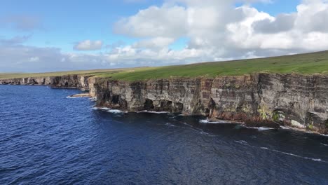 Aerial-View-of-Yesnaby-Vista-Point-and-Coastline-od-Scotland,-United-Kingdom-on-Sunny-Summer-Day