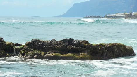 clear sea water crashes into volcanic rock in front of tenerife beach