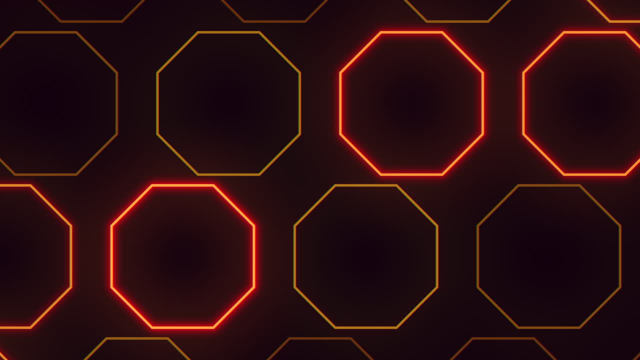 Futuristic glowing neon octagon grid background with red and orange light outlines on a dark surface, ideal abstract techno motion design for titles, presentations and modern digital backdrops