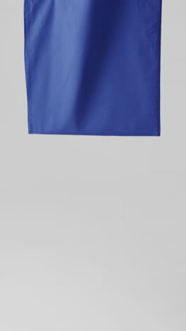 vertical video of hand of caucasian woman with blue canvas bag and copy space on white background