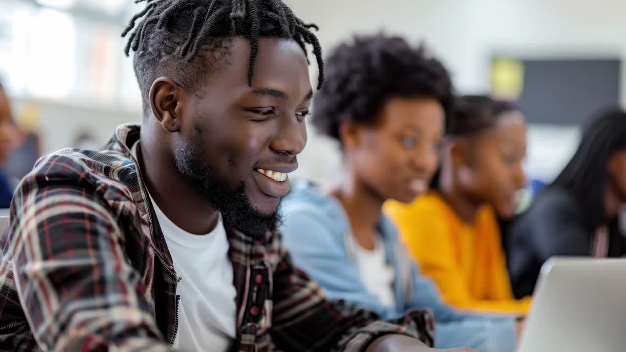 A lively classroom scene captured at eye level, focusing on a smiling student using a laptop