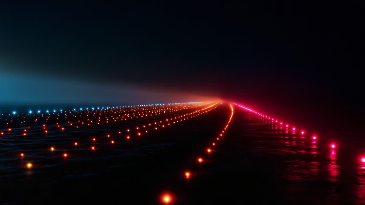 A mesmerizing display of vibrant colored lights lining a darkened path, creating an enchanting visual journey through a gradient of blue and pink hues against a night backdrop
