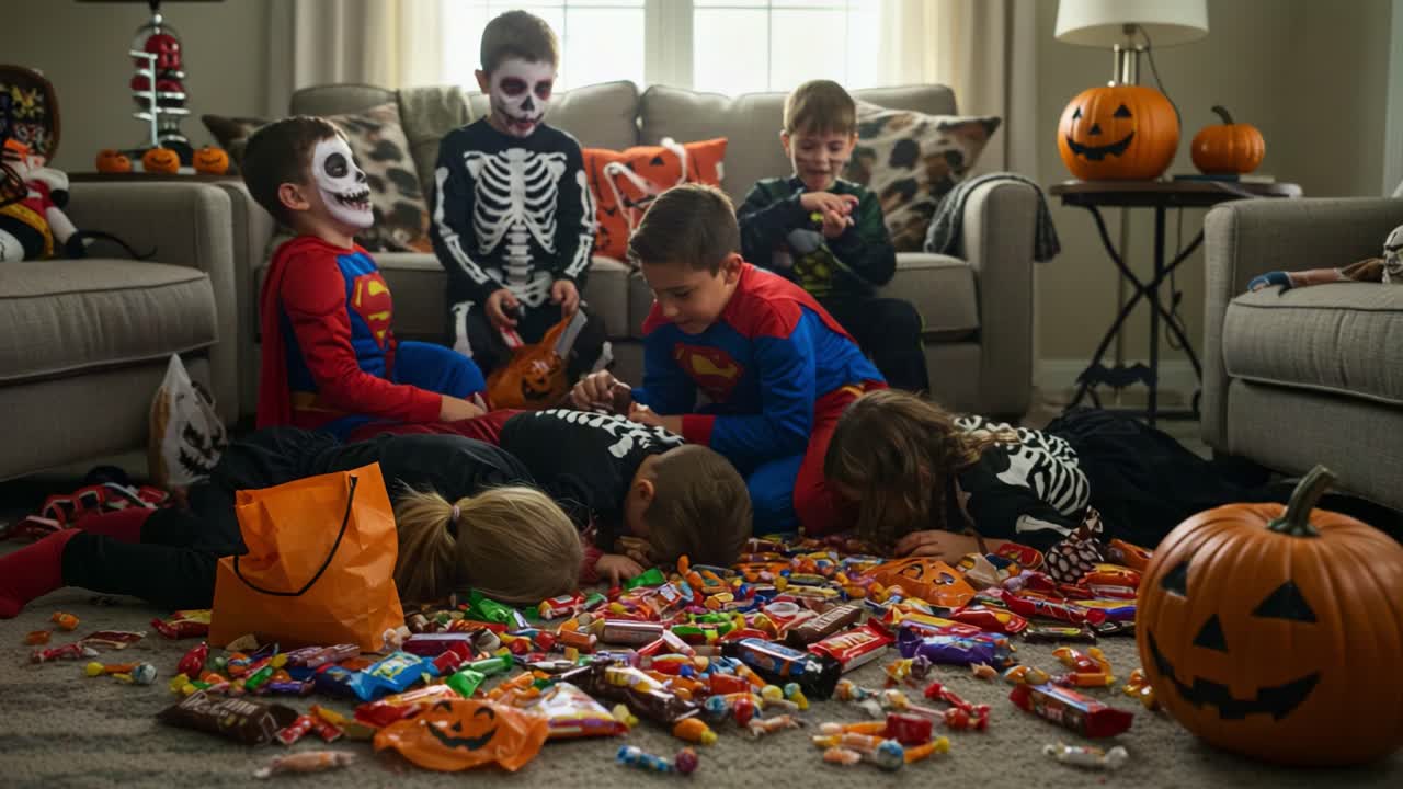 A Group of Excited Children Dressed in Halloween Costumes Enjoys a Candy Haul on a Living Room Floor, Surrounded by Fun Decorations and Pumpkins
