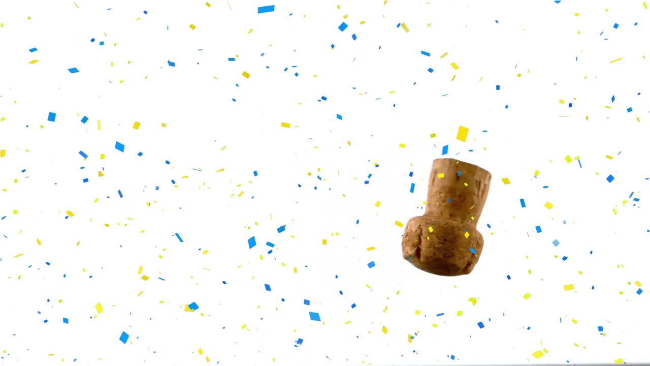 Animation of confetti over champagne cork on white background