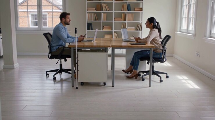 Alzando lo sguardo dal telefono, colleghi in camicia parlano e gesticolano alla scrivania dell'ufficio con i laptop accesi.