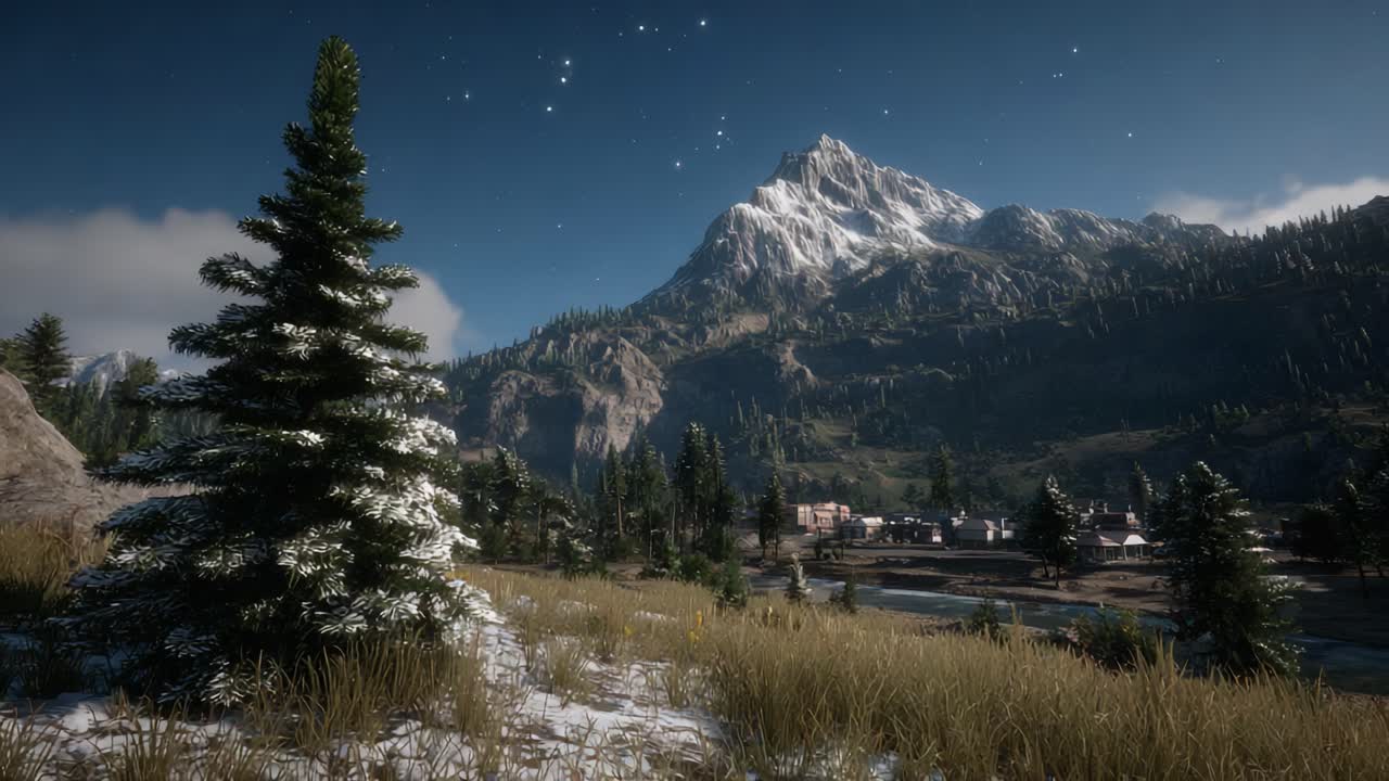Tranquillo paesaggio invernale sotto un cielo stellato con maestose montagne e alberi sempreverdi, che mostra la bellezza della natura e la serenità in un ambiente isolato