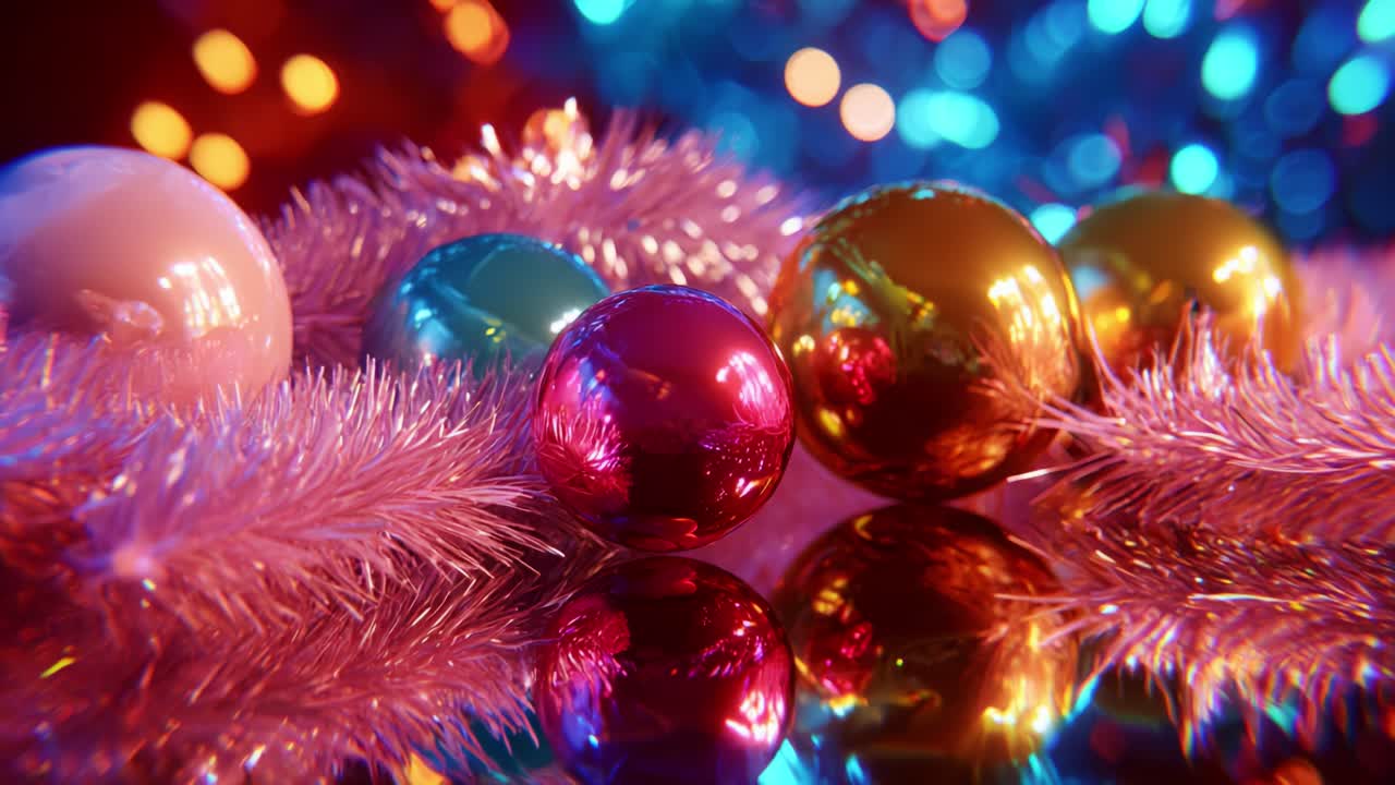 En farverig udstilling af kulørte julekugler og funklende glimmer på en reflekterende overflade, der fanger julestemningen med et blændende udvalg af lys og festlige dekorationer til juletiden