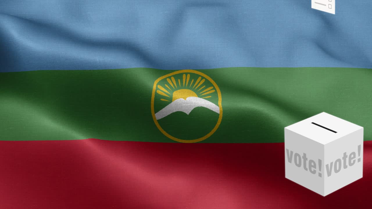 투표용지가 카라차이 체르케시아의 투표용지에 날아갑니다. 발 앞에 있는 투표용지. 선거. 투표. 카라차이어의 발. 카라샤이어 체르케시아의 표. 높은 세부 사항.