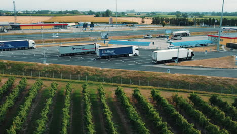 parada de camiones con viñedos y carretera