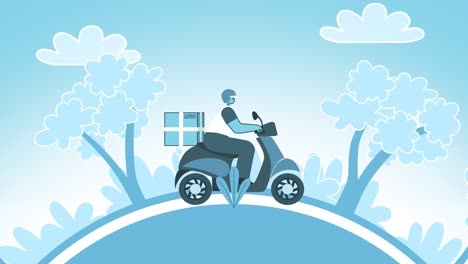 cartoon flat deliveryman rides a motor scooter with cardboard box through nature landscapes. flat design cartoon character loop 2d animation