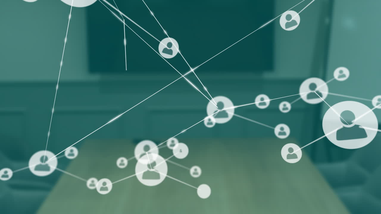 Connected user icons forming network over blurred office background animation