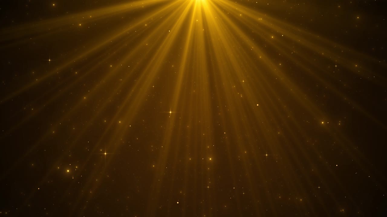 Animação abstrata com partículas douradas brilhantes, raios de luz em movimento e plano de fundo com raios de luz que se expandem