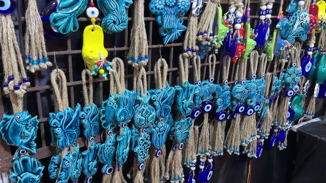 View of Turkish evil eye earrings in display at a store.