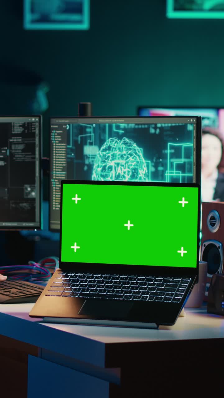 Laptop con schermo verde sulla scrivania in ufficio tecnologico