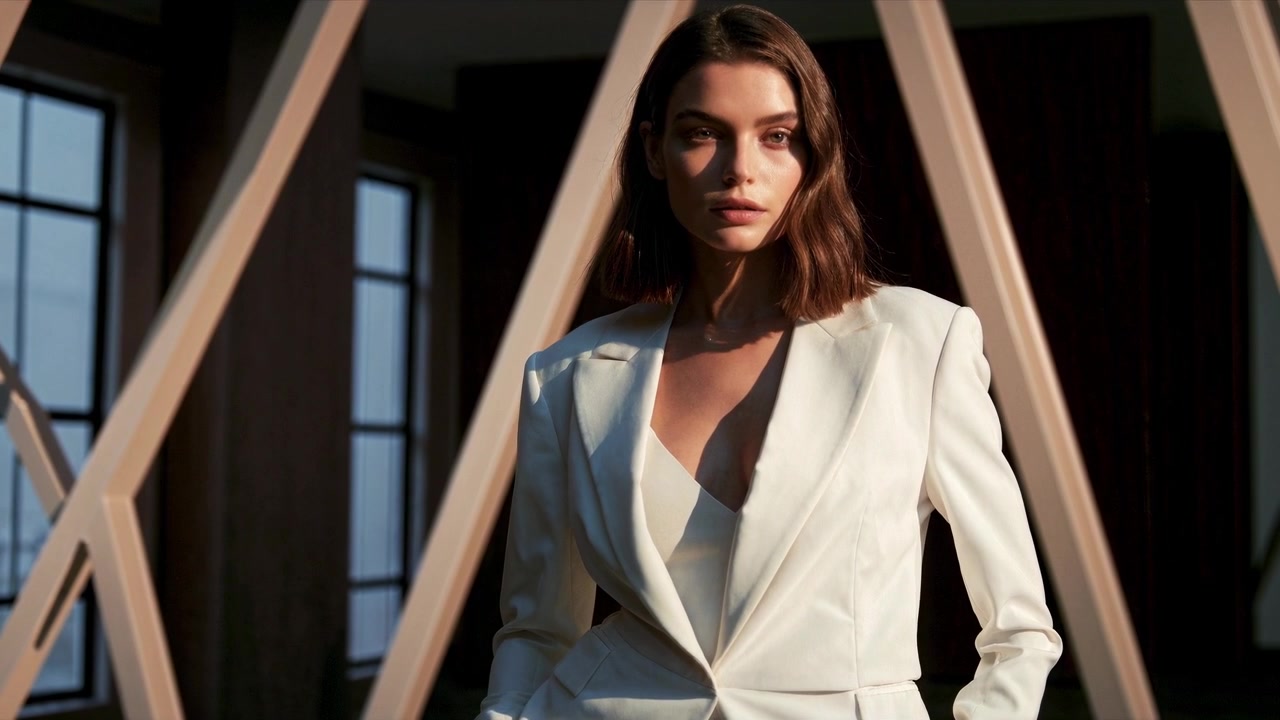 Jovem Mulher Elegante de Terno Branco Posando em um Interior Moderno