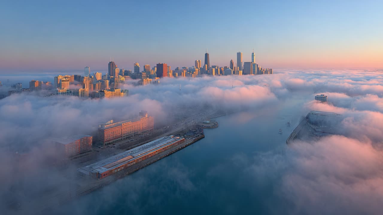 Aerial View of a Cityscape Emerging from the Mist: Stunning Fog-Covered Skyline at Dawn, Showcasing Urban Architecture and Reflections on the Water