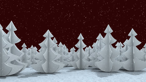 animation of snow falling over white fir trees and winter landscape