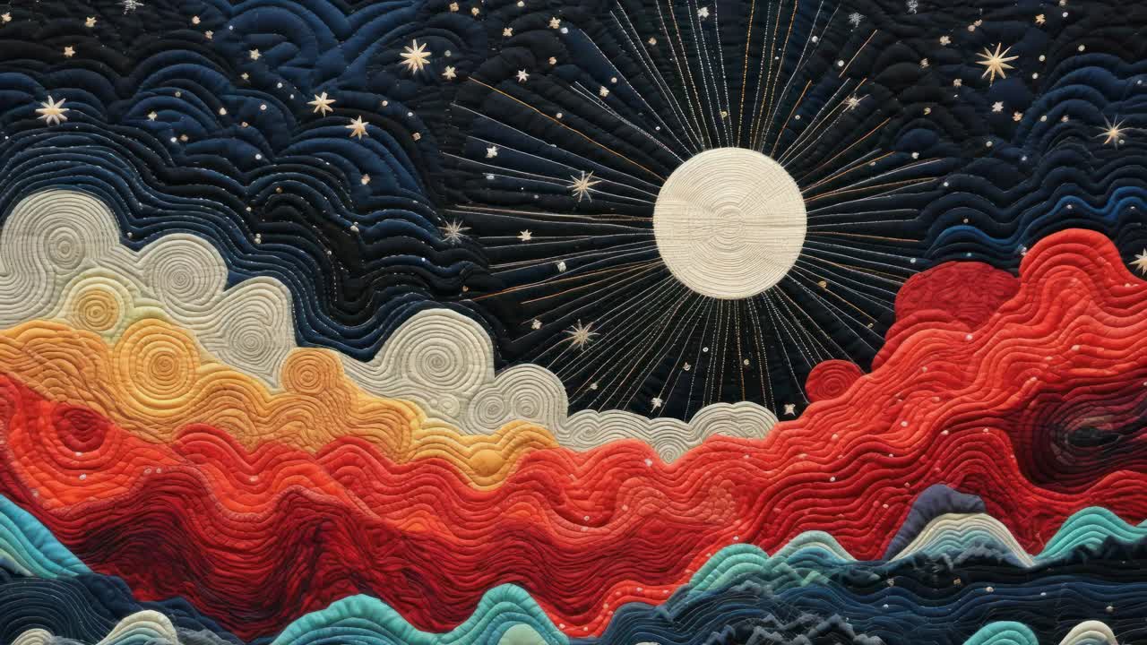 Création textile représentant un ciel nocturne avec une pleine lune au-dessus de montagnes colorées