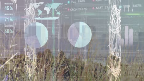 animación de gráficos financieros y procesamiento de datos sobre el paisaje urbano