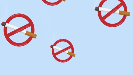 animación de un cigarrillo con un signo de prohibición sobre un fondo verde azul