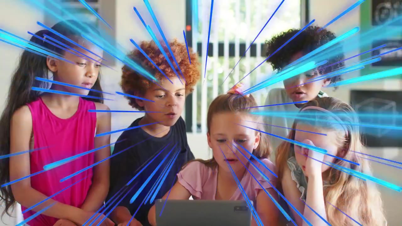 Children crowding, center girl tapping tablet, neon streaks radiating from tablet, aiding learning