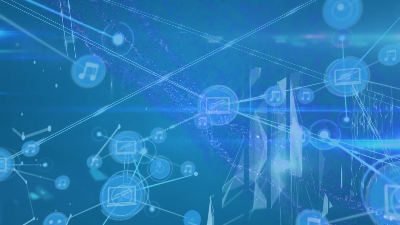 Animation of network of connections with icons over blue background