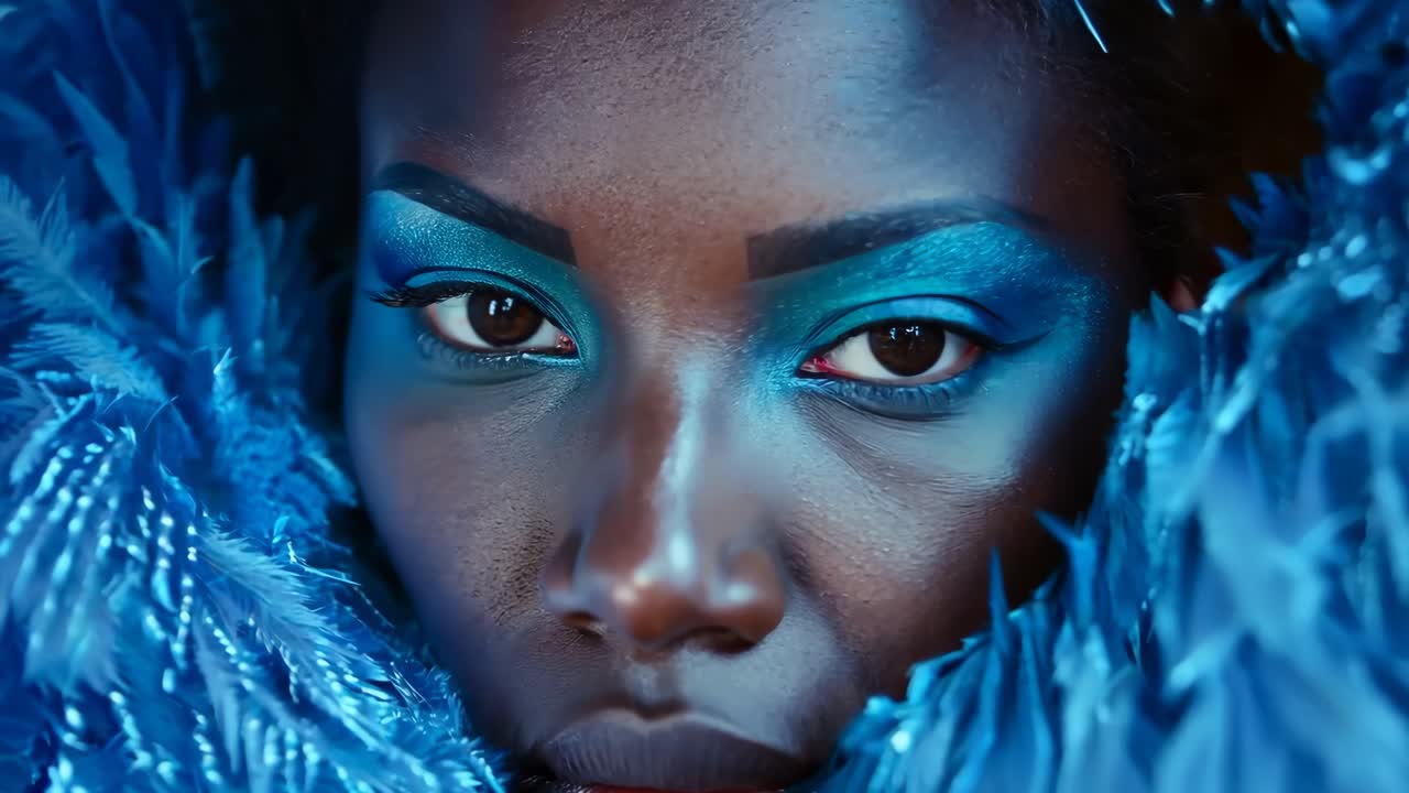 una mujer con maquillaje azul y un abrigo de piel azul