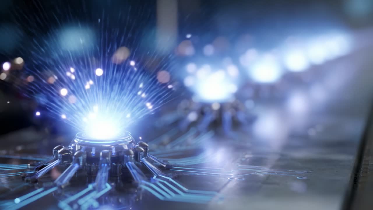 A Close-Up of Advanced Technology Showcasing Futuristic Energy Emitters with Glowing Sparks and Electrifying Visuals on a High-Tech Circuit Board, Capturing the Essence of Innovation and Modern Design