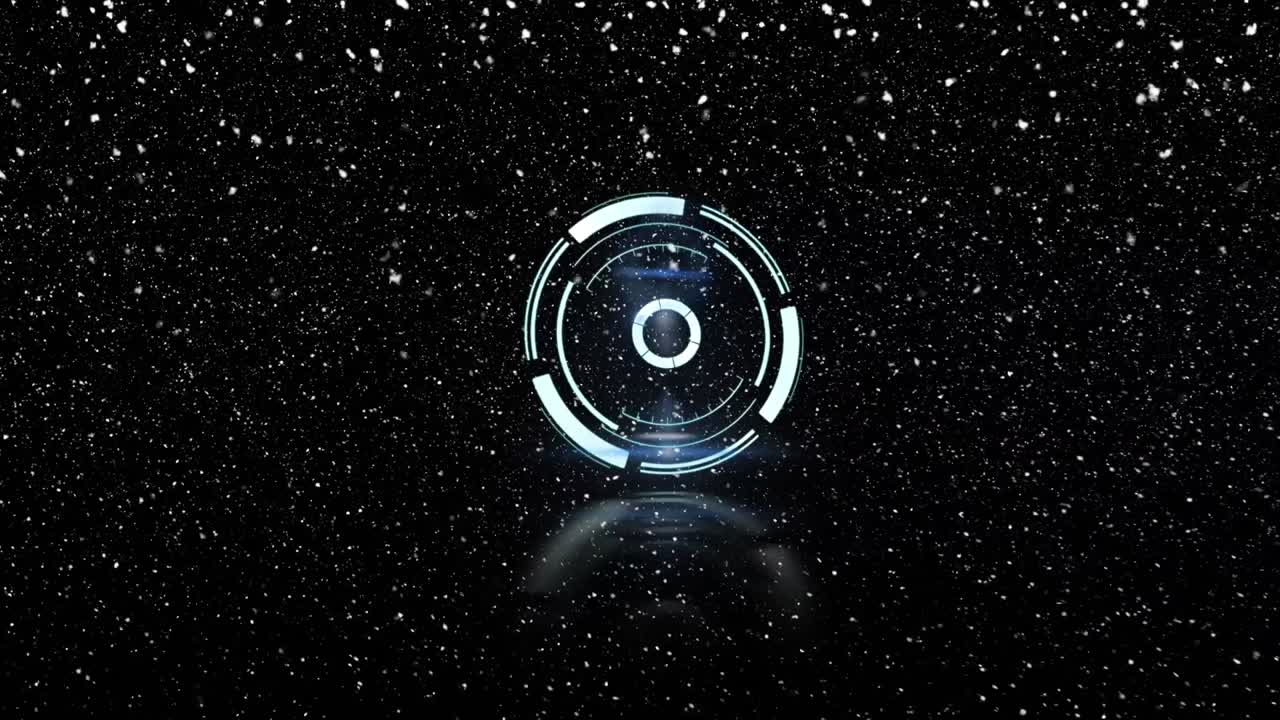Neon blue round scanner spinning over snow falling against black background