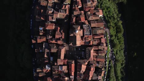 top-down aerial rising salsamenteria church, zagarolo town, italy