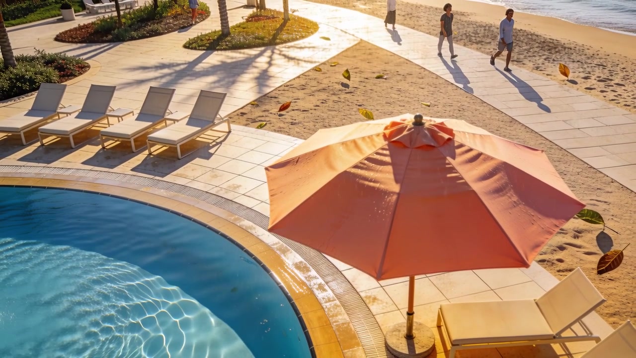 Panning showing orange beach umbrella with chair at pool, two adults walking shorts-clad along path