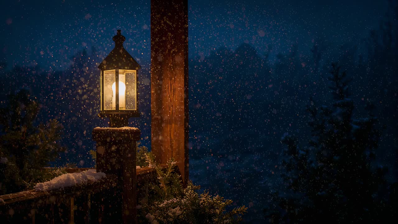 Glowing lantern mounted on short post, casting warm light on porch as snow starting to fall
