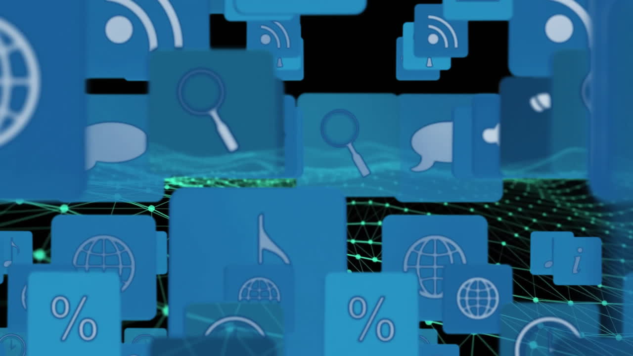 animación de iconos que caen sobre el patrón de onda dinámica contra un fondo negro