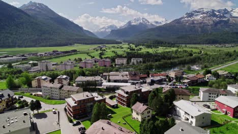 samedan aerial perspective, push in toward mountain vista