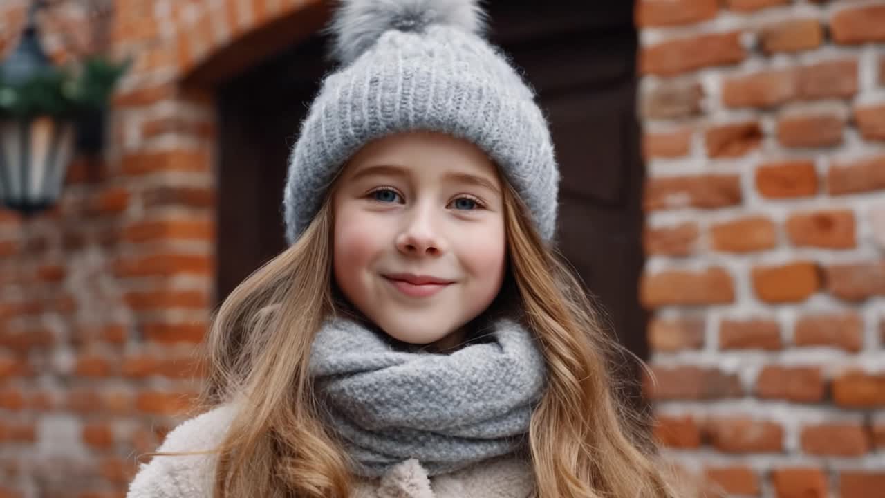 Charming Winter Portrait of a Young Girl Smiling in a Cozy Sweater and Hat against a Rustic Brick Wall Background