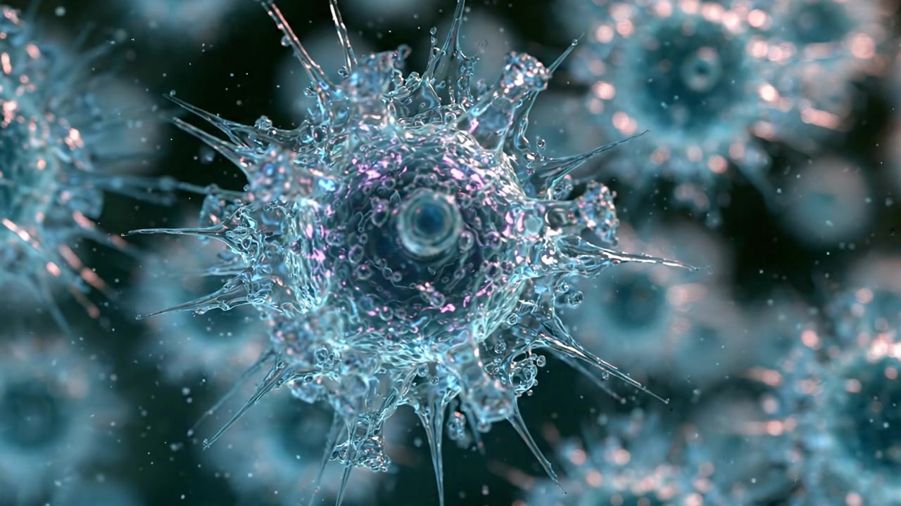 Particelle virali microscopiche dettagliate che fluttuano attraverso un ambiente biologico blu.
