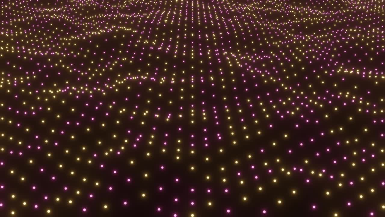 Surfaces as futuristic landscape in cyberspace or hologram. 4k seamless loop abstract background of glow particles. Sci-fi theme of microworld, nanotechnology or cosmic space