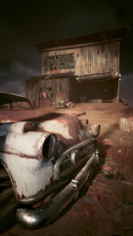 a rusty car in a desert setting