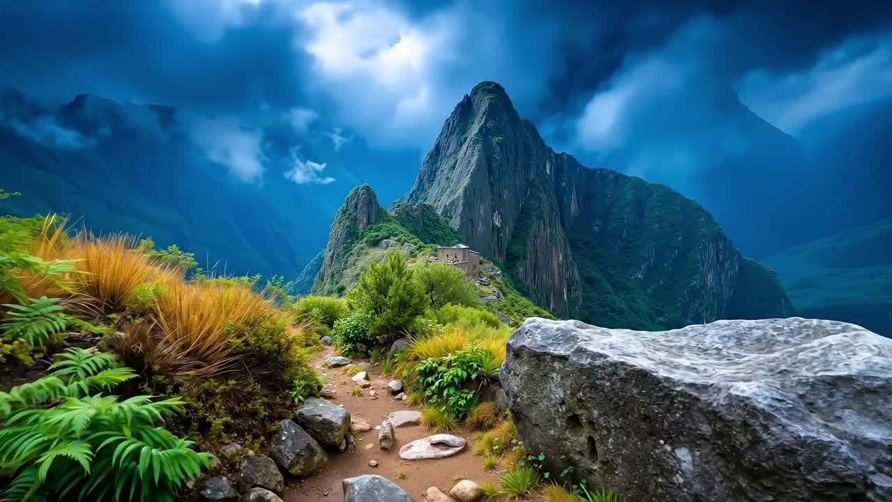 배경 에 구름 이 가득 한 하늘 이 있는 산 의 풍경