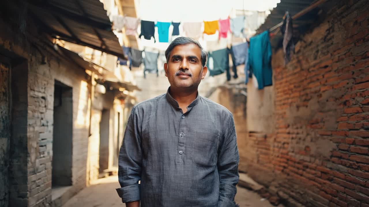 Confident Indian man standing in a narrow street, surrounded by clothes hanging overhead, capturing the essence of everyday life in a developing country's vibrant community