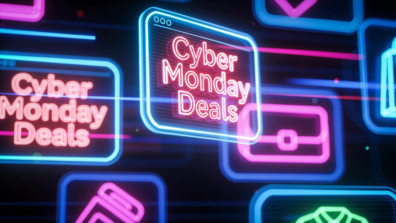 Looping neonvindue viser Cyber Monday-tilbud, der roterer i et mørkt gitter, promoverer salg med ikoner