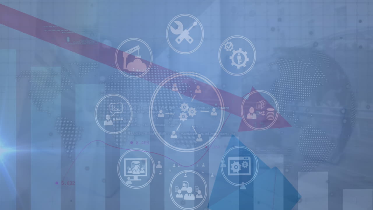 디지털 아이콘 네트워크의 애니메이션과 회전하는 지구에 대한 통계 데이터 처리