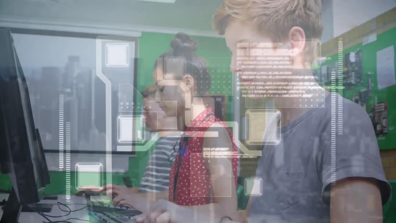 Animation of integrated circuit over caucasian boy using computer at school and smiling